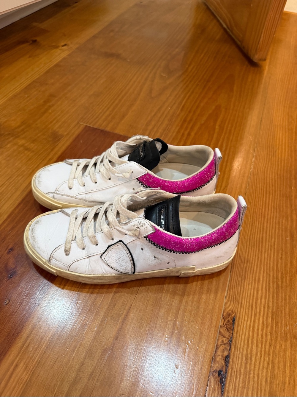 Philippe Model White Sneakers with Pink Heel Accent
